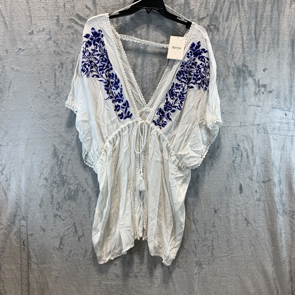 Raviya Women's Swimsuit Cover Up 0X Plus White Tie Front Blue Floral Embroidered